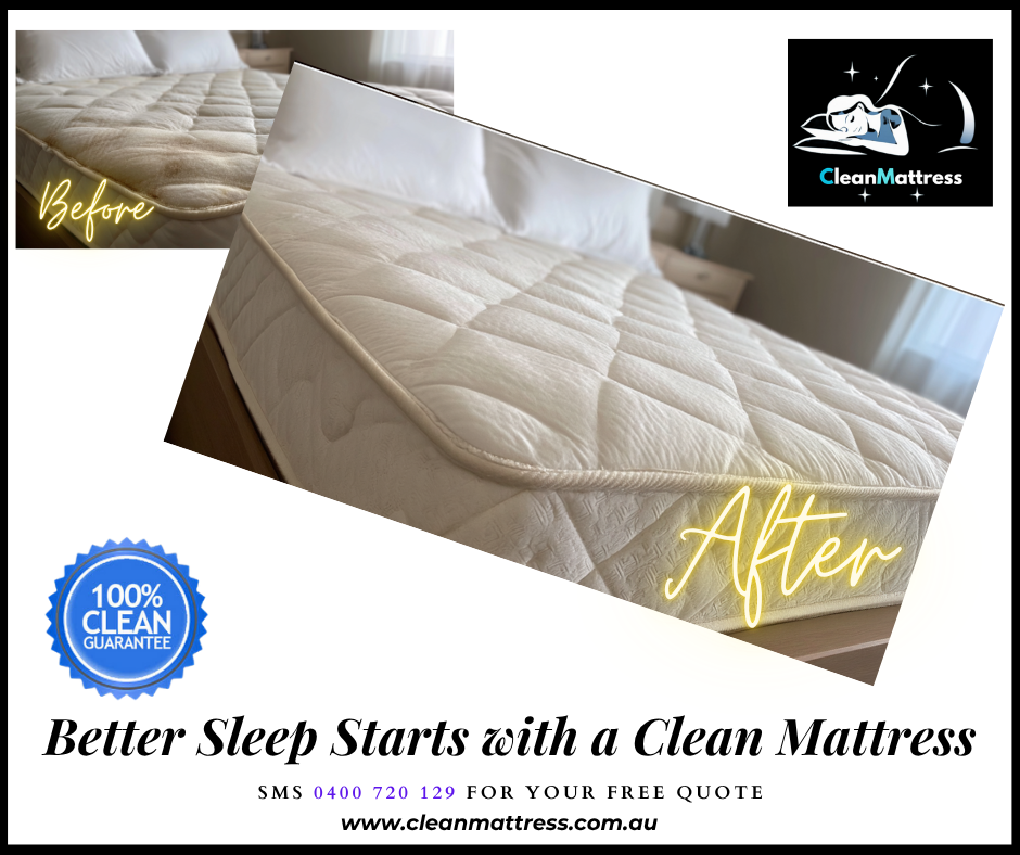 Before and after mattress cleaning by Clean Mattress. Left side shows a stained mattress, right side shows a fresh, spotless mattress. Clean Mattress logo, 100% Clean Guarantee badge, and slogan ‘Come Back To Relax, Not Clean!’ with contact details and website.