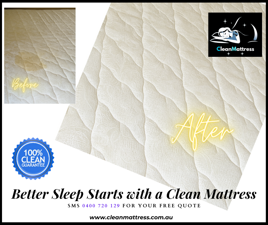 Before and after mattress cleaning by Clean Mattress. Left side shows a stained mattress, right side shows a fresh, spotless mattress. Clean Mattress logo, 100% Clean Guarantee badge, and slogan ‘Come Back To Relax, Not Clean!’ with contact details and website.