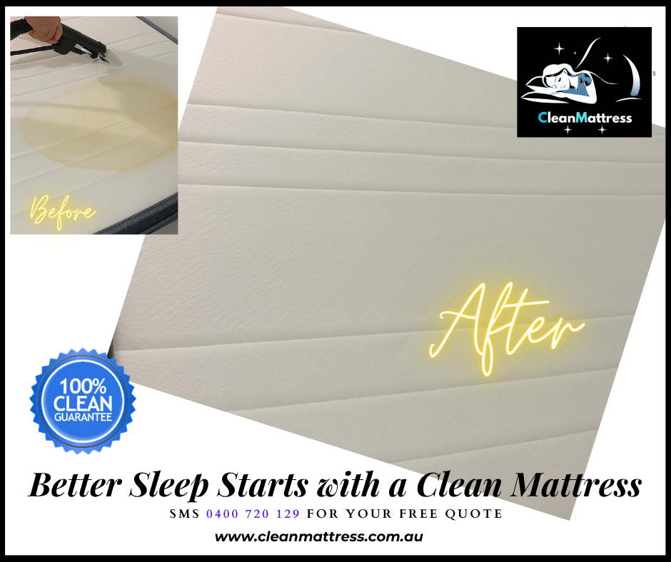 Before and after mattress cleaning by Clean Mattress. Left side shows a stained mattress, right side shows a fresh, spotless mattress. Clean Mattress logo, 100% Clean Guarantee badge, and slogan ‘Come Back To Relax, Not Clean!’ with contact details and website.