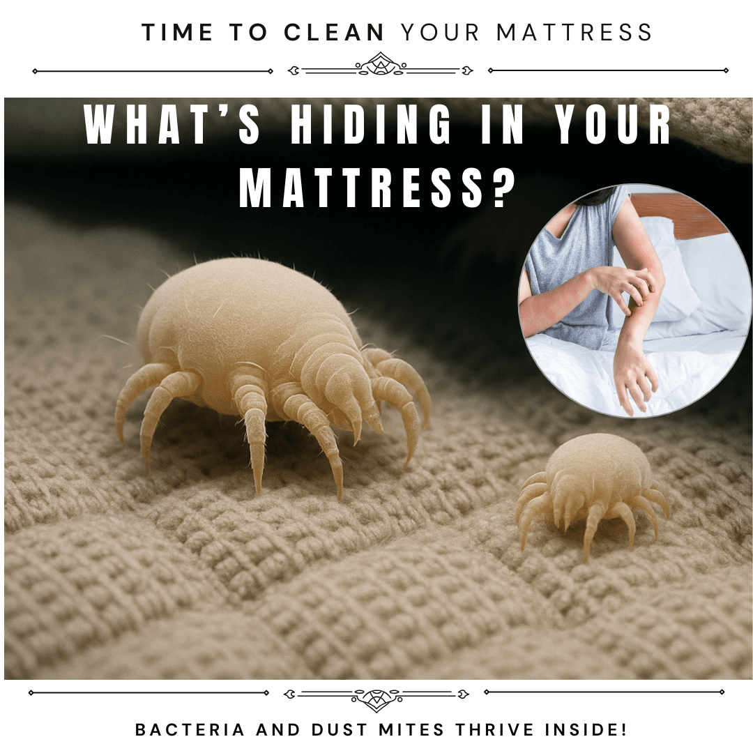 “Close-up, highly detailed image showing two dust mites crawling on the fabric surface of a mattress, symbolizing hidden allergens. Inset photo shows a person scratching their arm due to skin irritation, highlighting the effects of dust mites and bacteria. Text overlay reads ‘What’s Hiding in Your Mattress?’ and ‘Bacteria and Dust Mites Thrive Inside!’ promoting mattress cleaning awareness.”