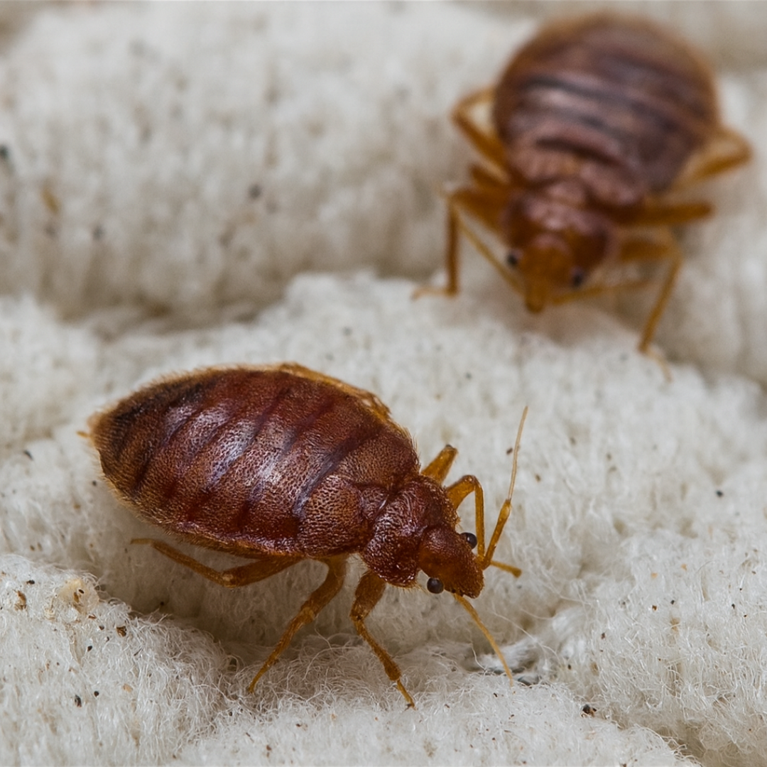 Close-up macro photograph of two bed bugs crawling on a white textured mattress fabric, showing their reddish-brown oval bodies and fine details of their legs and antennae