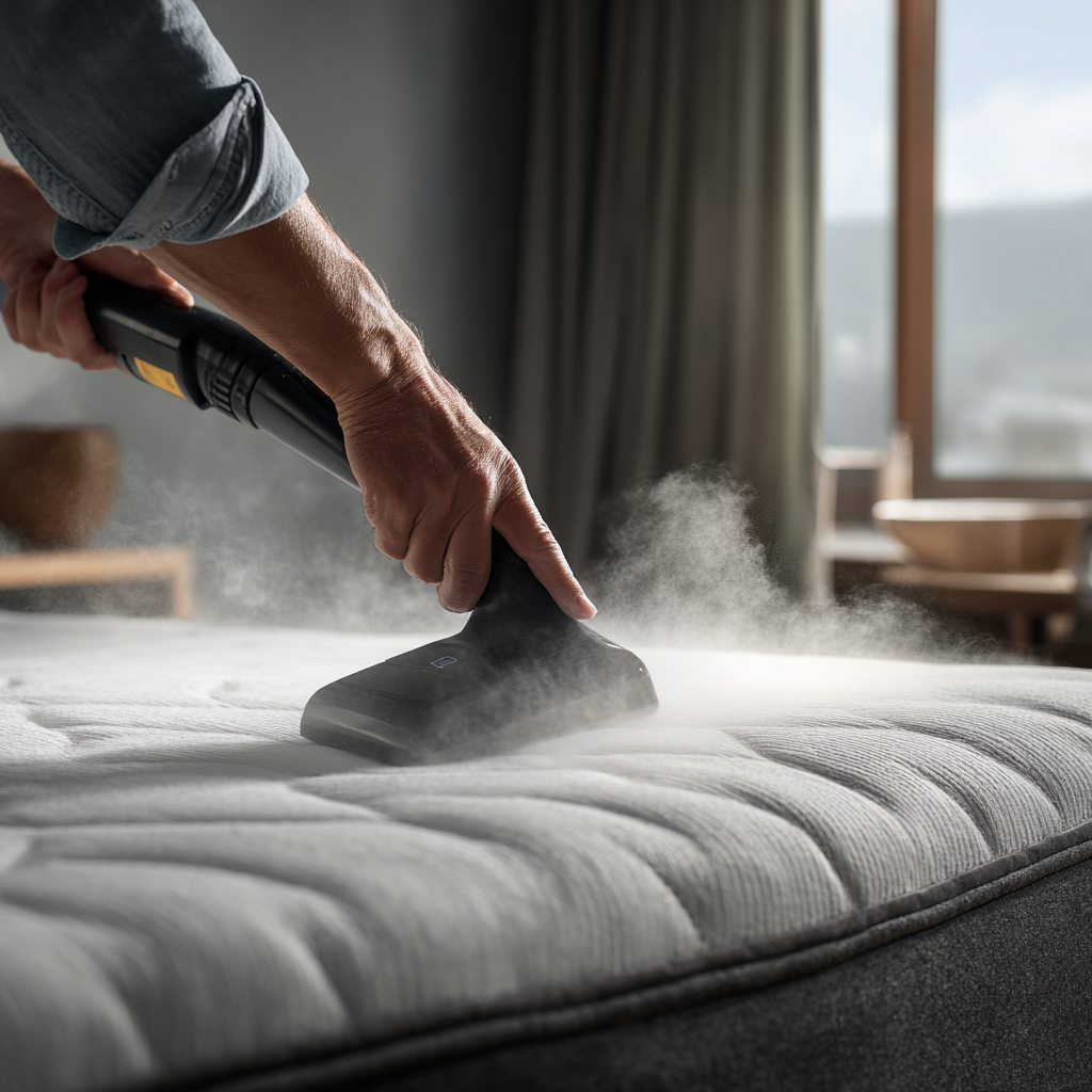 Professional mattress cleaner using steam extraction to deep clean and sanitise a mattress in a Brisbane home — demonstrating non-toxic mattress cleaning for allergy relief. CleanMattress.com.au