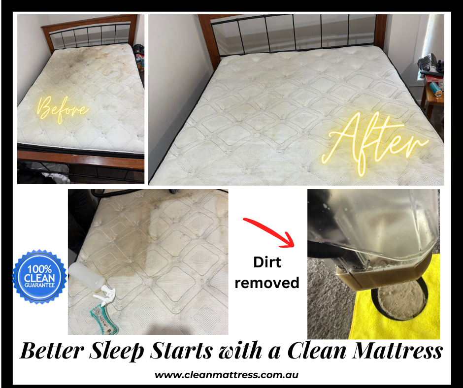 Before and after mattress cleaning by Clean Mattress. Left side shows a stained mattress, right side shows a fresh, spotless mattress. Clean Mattress logo, 100% Clean Guarantee badge, and slogan ‘Come Back To Relax, Not Clean!’ with contact details and website.