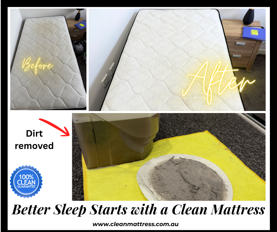 Before and after mattress cleaning by Clean Mattress. Left side shows a stained mattress, right side shows a fresh, spotless mattress. Clean Mattress logo, 100% Clean Guarantee badge, and slogan ‘Come Back To Relax, Not Clean!’ with contact details and website.